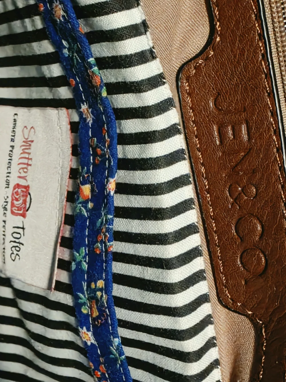 Jen & Co Brown Leather Braided Handle Striped Embroidered Padded Camera Bag Boho